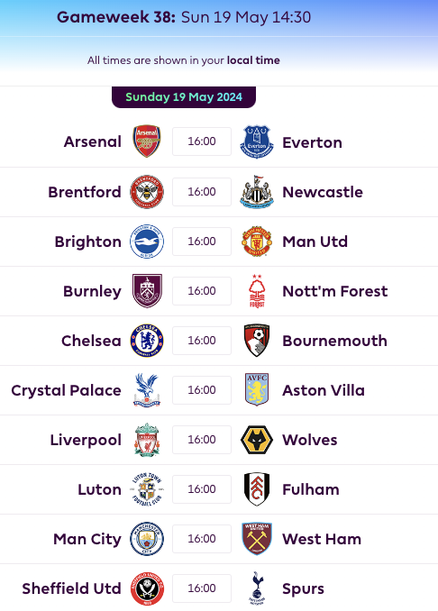 FPL GW38 Fixtures